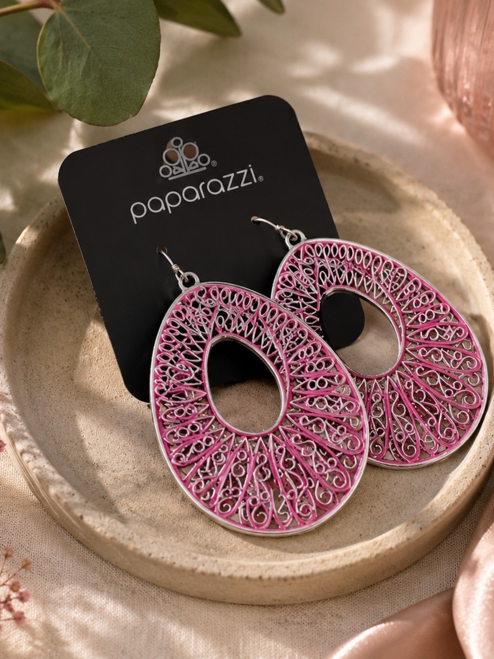paparazzi Pink Filigree Oval Teardrop Earrings